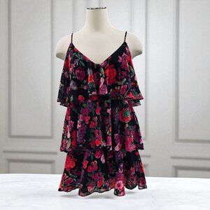 Line And Dot Black Floral Ruffle Mini‎ Dress Boho Cottagecore Festival Y2K SZ M